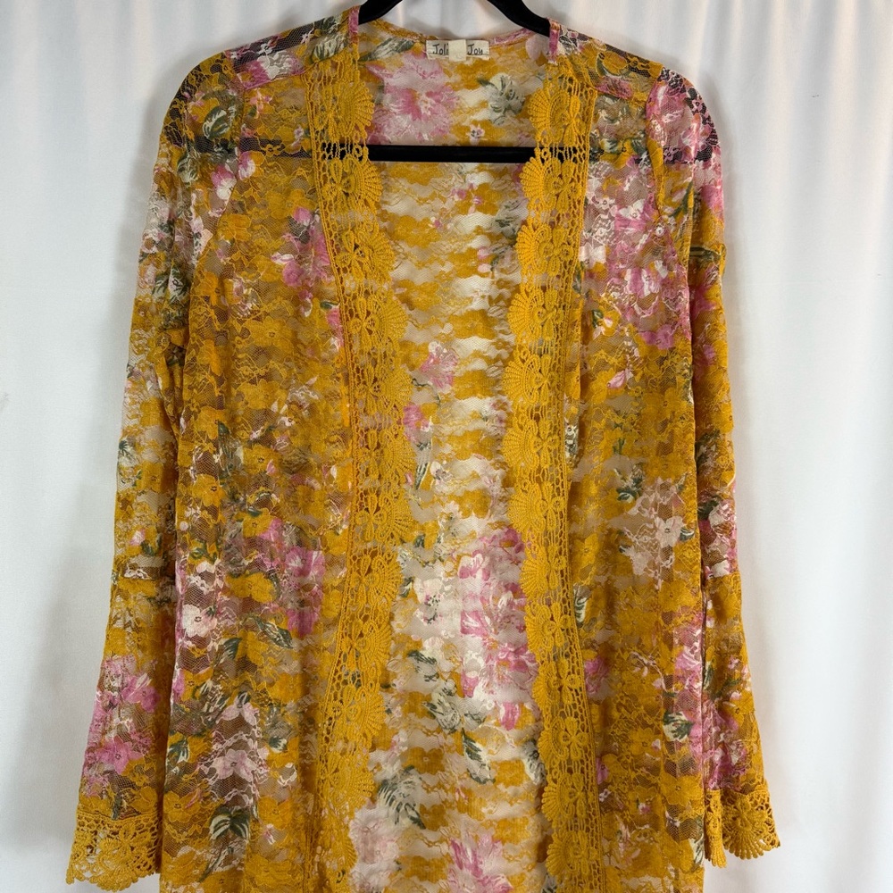 Jolie & Joy Women's Floral Lace Sz:M Sheer Bell Sleeve Duster Cardigan kimono - Picture 3 of 12